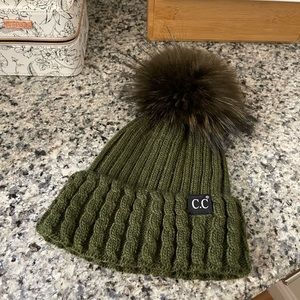 Olive CC beanie with removable ball